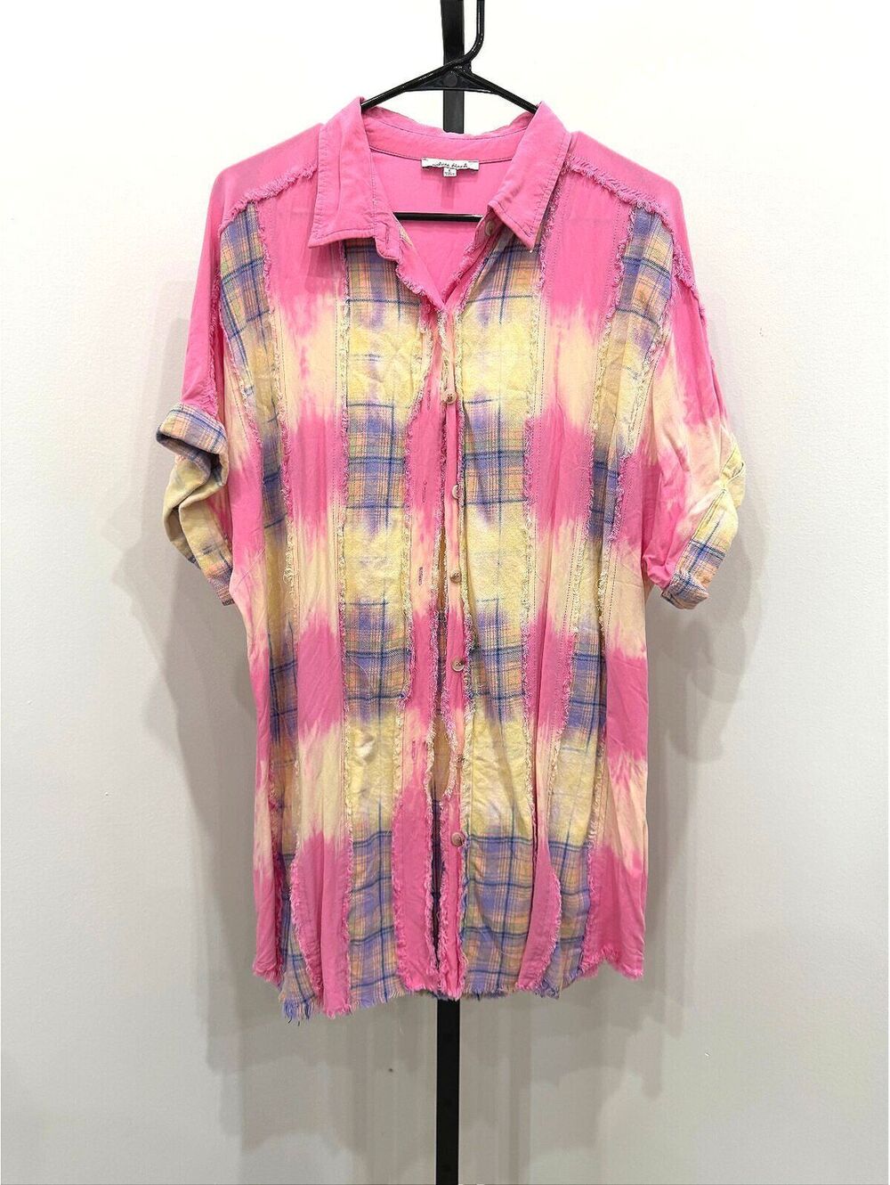 White Birch Pink and Plaid Cotton Button-Up Shirt Dress Size L